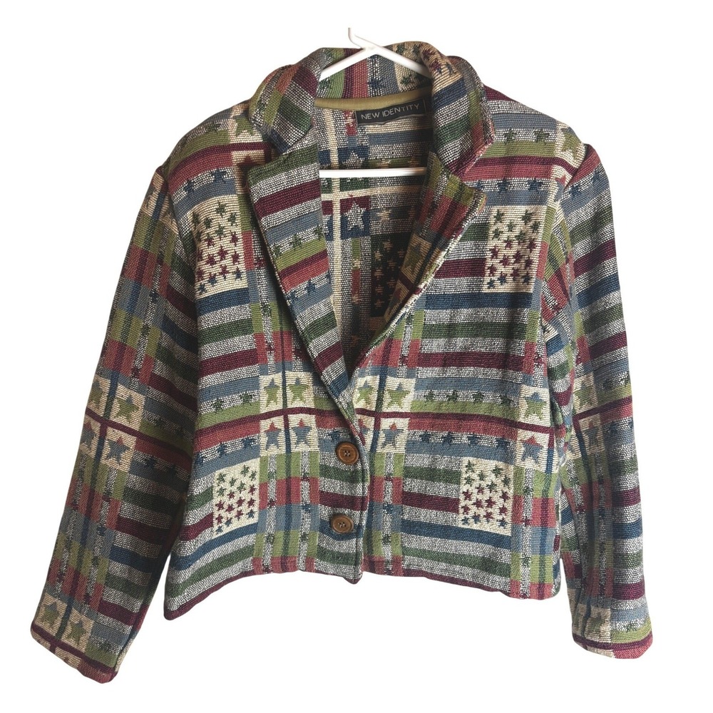 VTG New Identity Womens Tapestry Jacket Star Stripe Woven Cotton Blazer PM